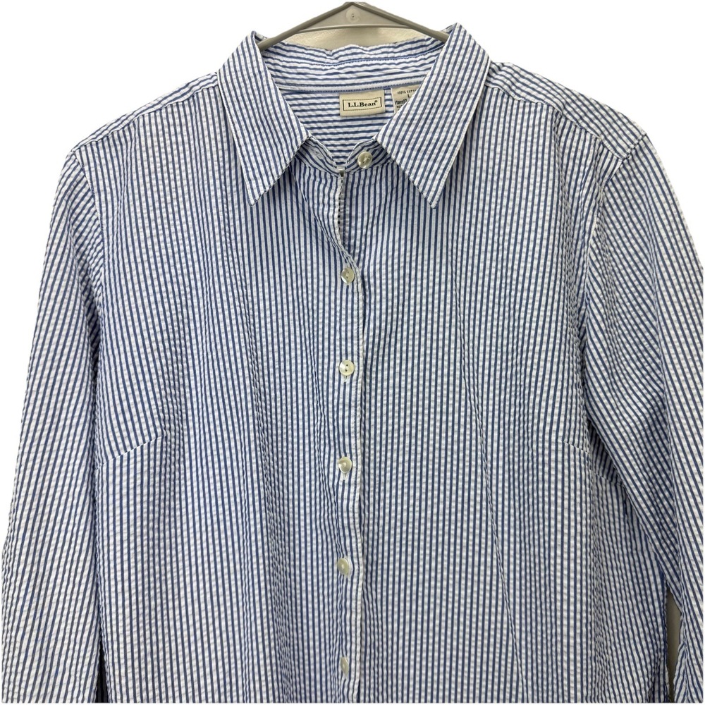 LL Bean Blue White Stripe 3/4 Sleeve‎ Button Up Cotton Seersucker Shirt LARGE - Picture 5 of 11